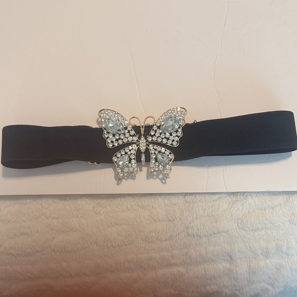 Aldo Elegant Black Belt with Crystal Butterfly Accent